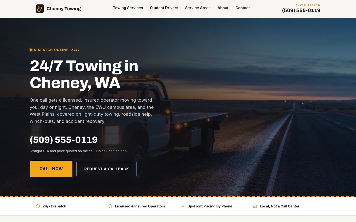 Cheney Towing homepage: dark asphalt hero with amber accents