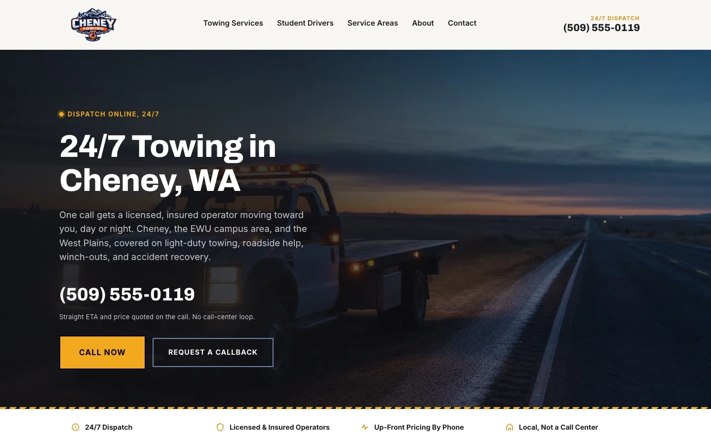 Cheney Towing homepage: dark asphalt hero with amber accents