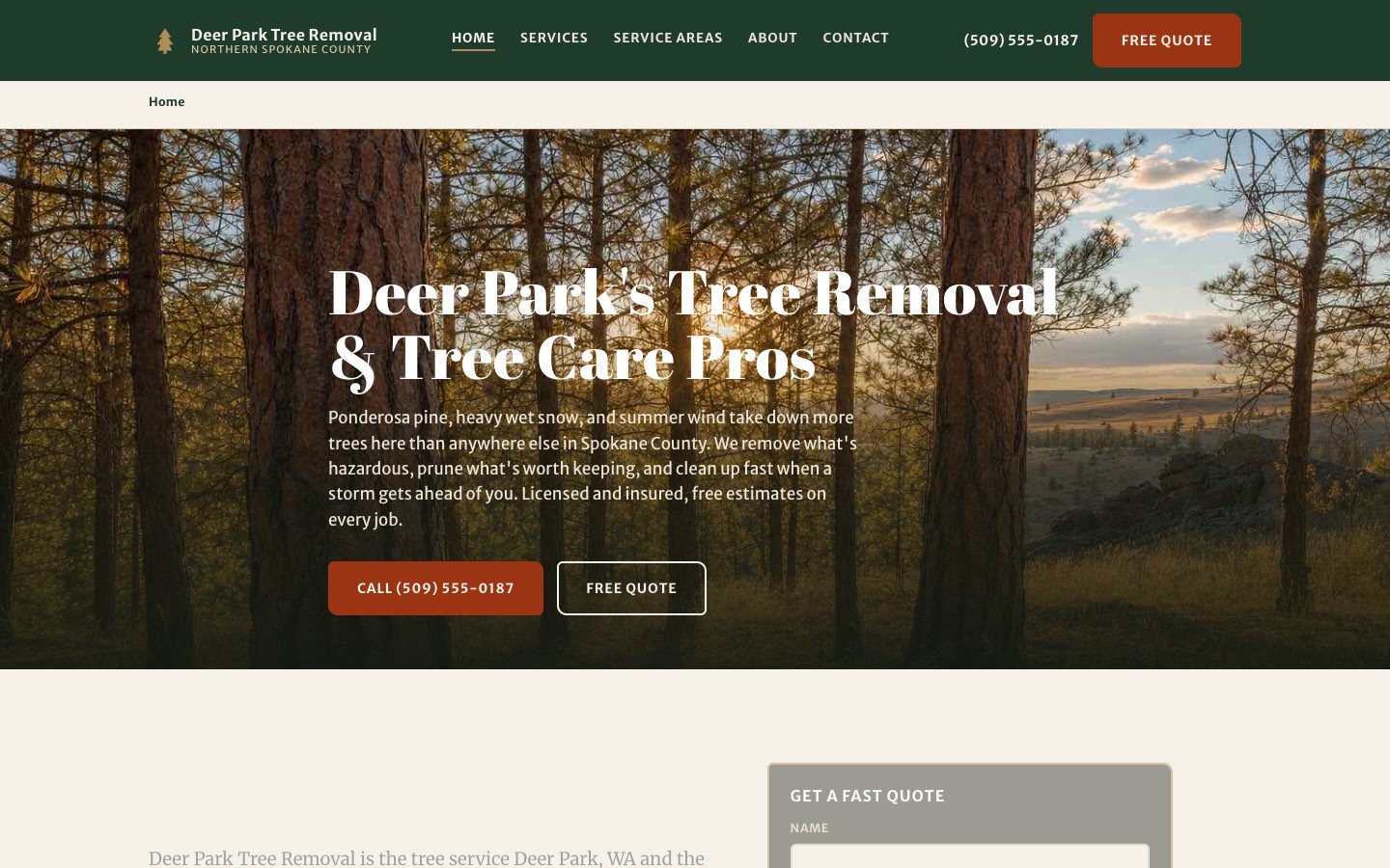 Deer Park Tree Removal homepage: warm bone and pine hero with rust accents
