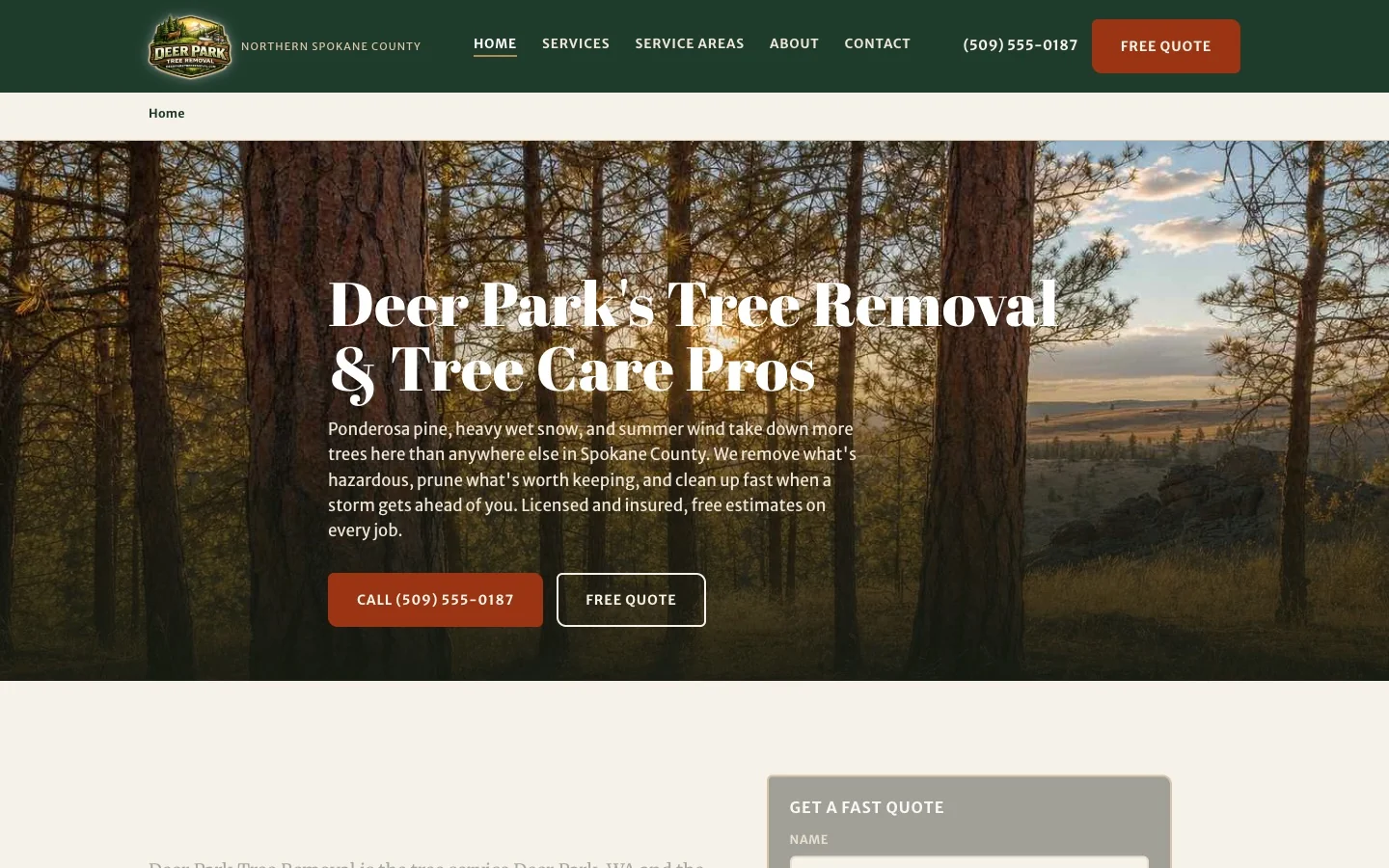 Deer Park Tree Removal homepage: warm bone and pine hero with rust accents