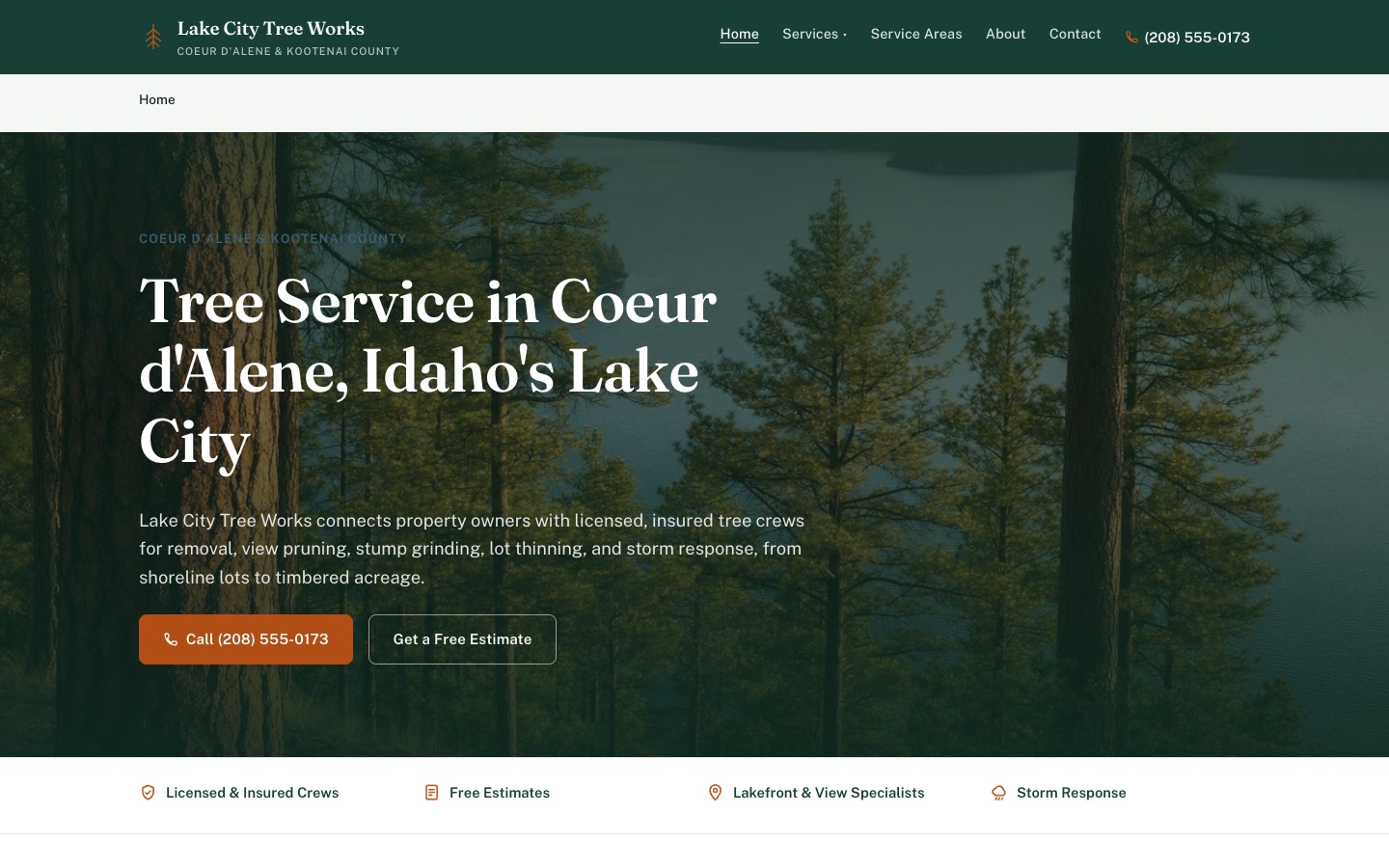 Lake City Tree Works homepage: birch and spruce hero with copper accents