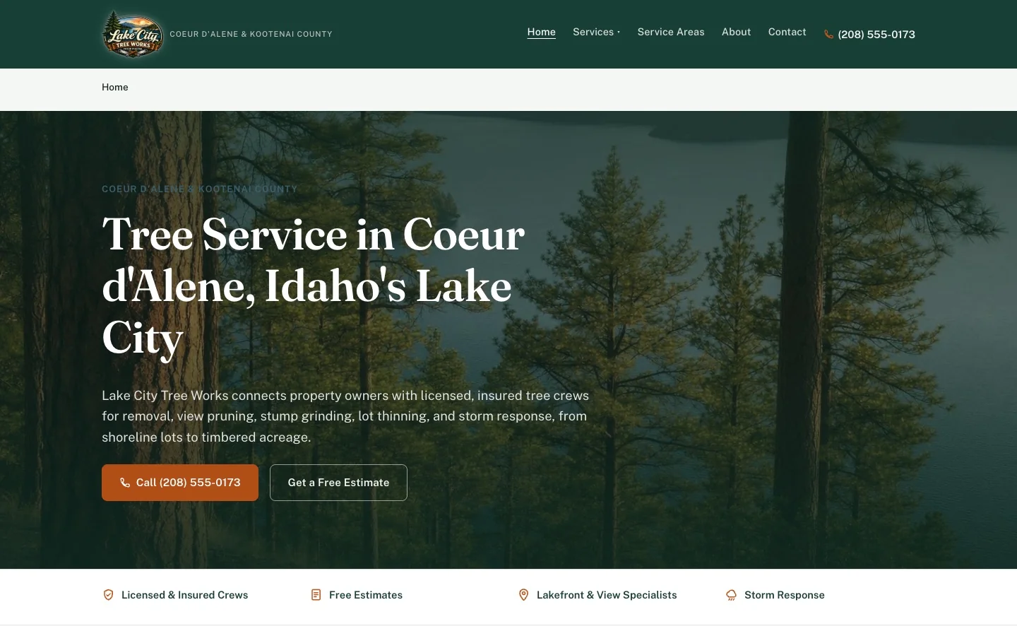 Lake City Tree Works homepage: birch and spruce hero with copper accents