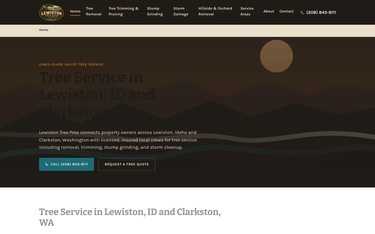 Lewiston Tree Pros homepage: basalt and wheat hero with harvest-orange accents