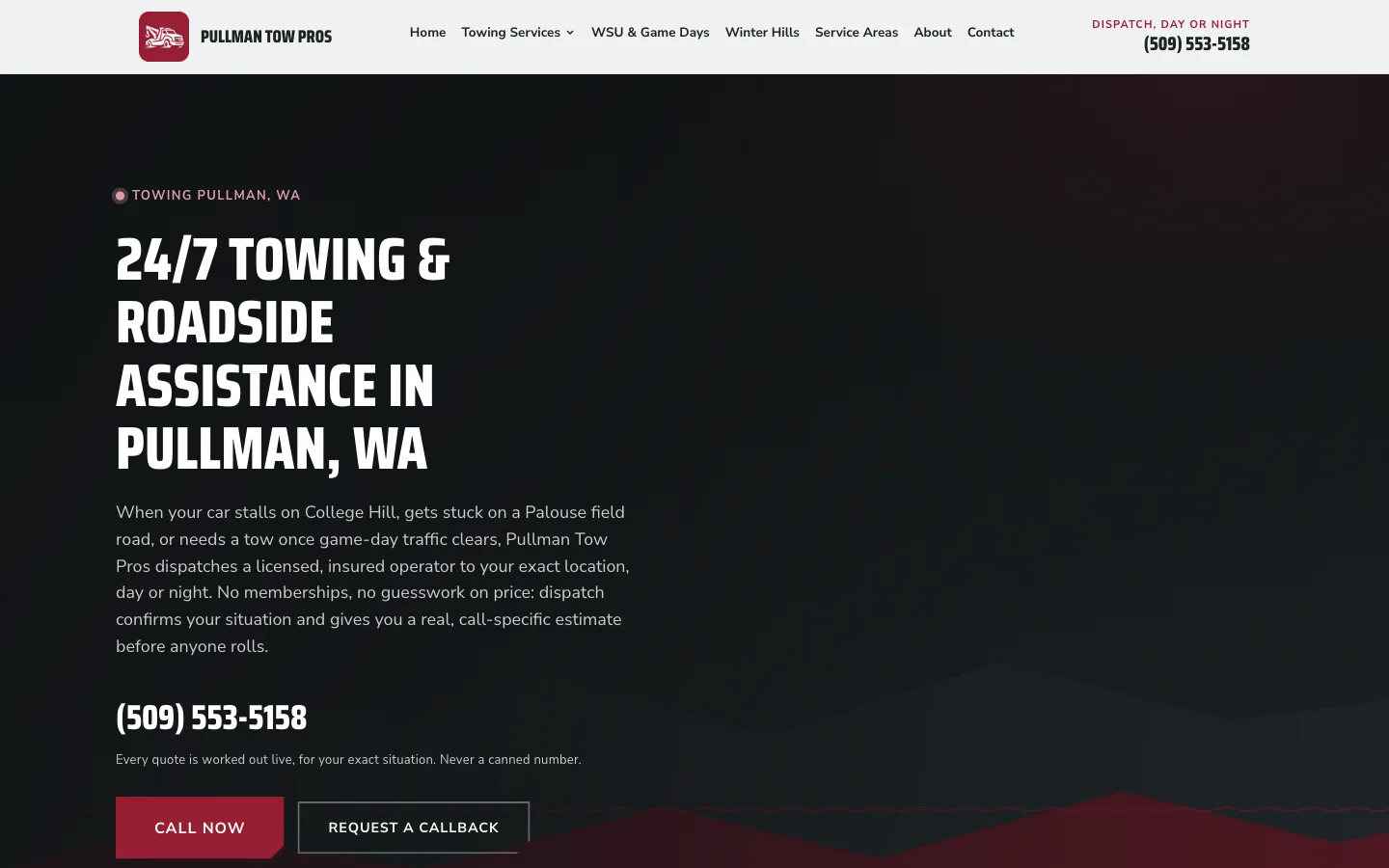 Pullman Tow Pros homepage: crimson and near-black hero with a WSU-red call-now button