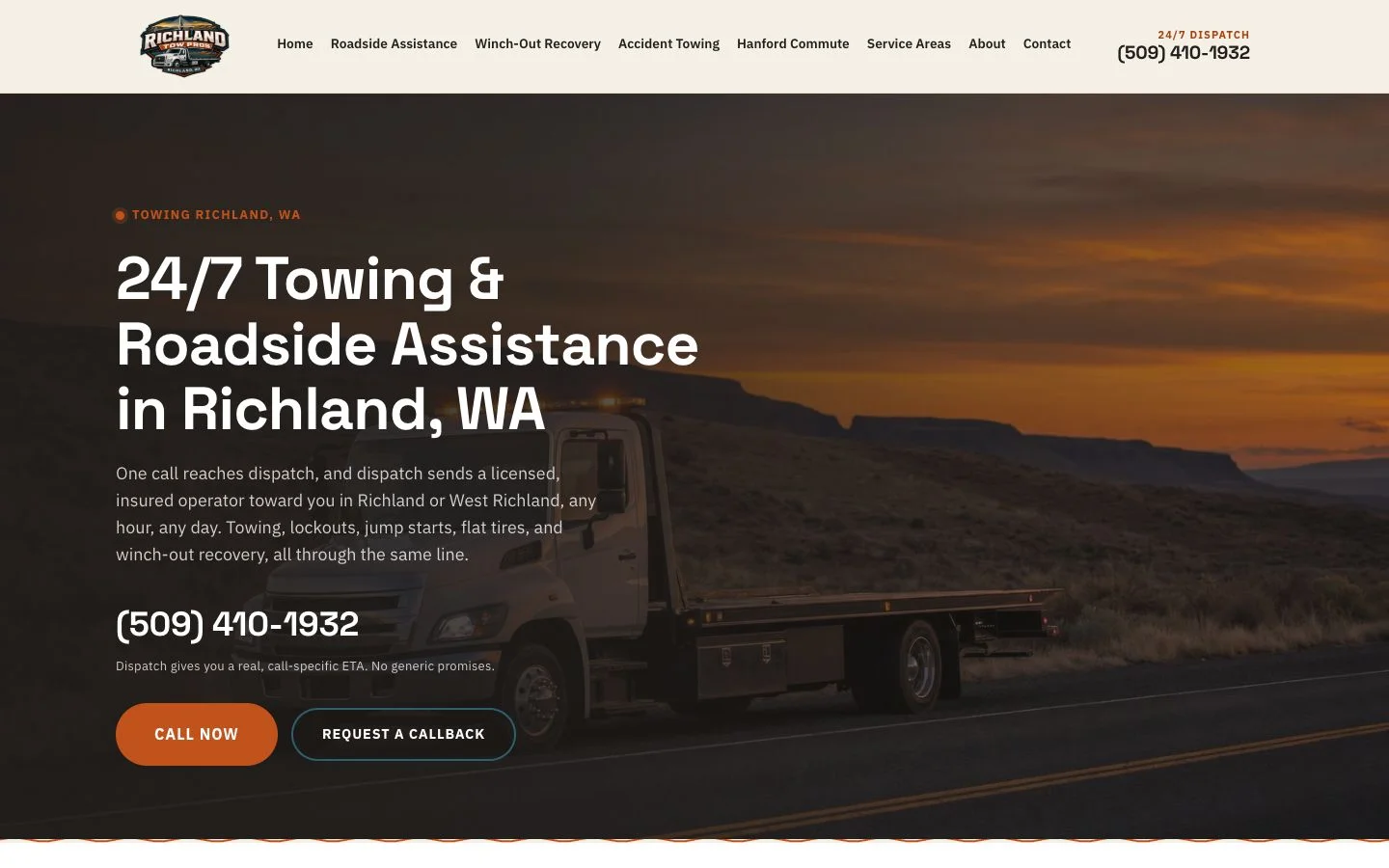 Richland Tow Pros homepage: sand and basalt hero with rust accents