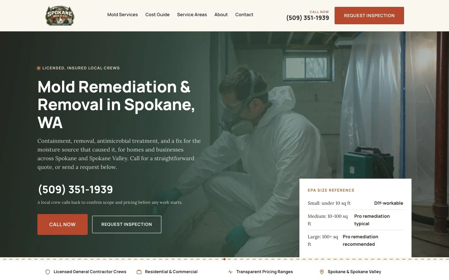 Spokane Mold Co. homepage: deep green hero with clay-orange accents