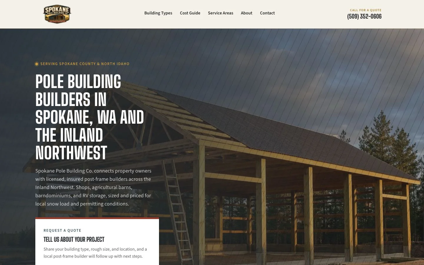 Spokane Pole Building Co. homepage: slate-blue hero with mustard-gold accents