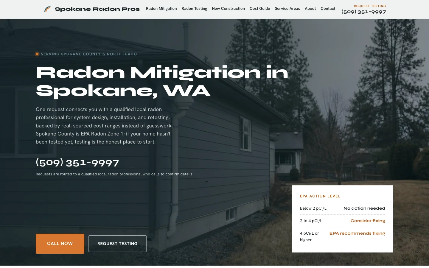 Spokane Radon Pros homepage: dusk home-exterior hero with slate and ember-orange accents