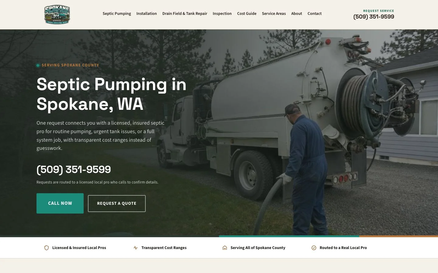 Spokane Septic Pros homepage: charcoal-green hero with umber accents