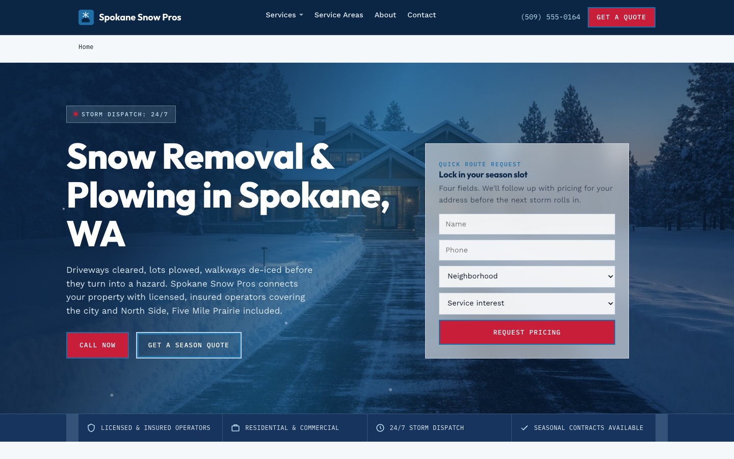 Spokane Snow Pros homepage: frost and navy hero with glacier blue accents