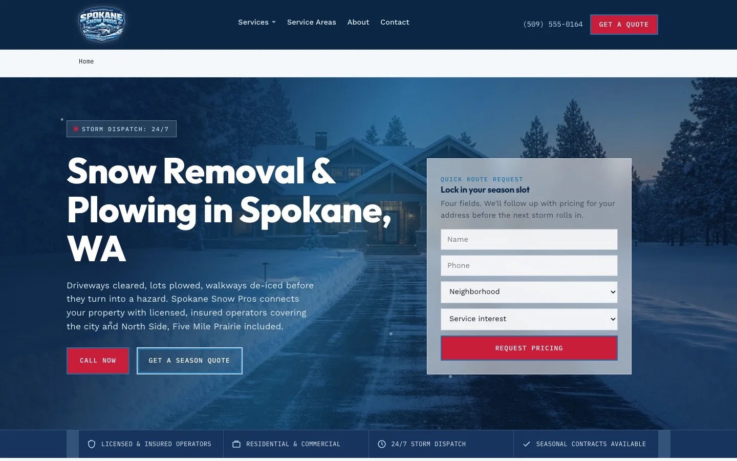 Spokane Snow Pros homepage: frost and navy hero with glacier blue accents