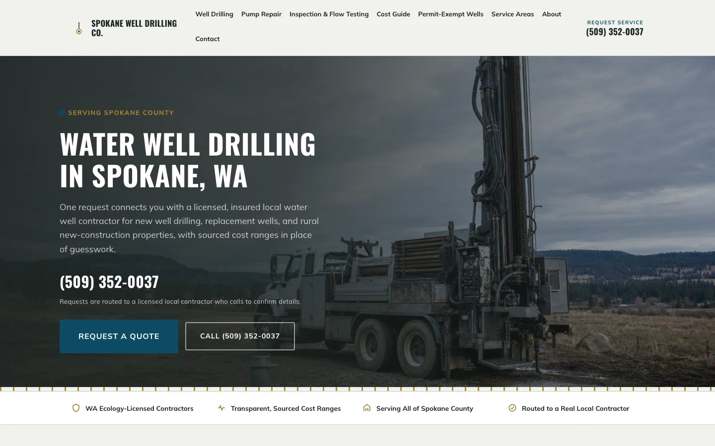 Spokane Well Drilling Co. homepage: drill-rig photo hero in ink and cream with brass accents